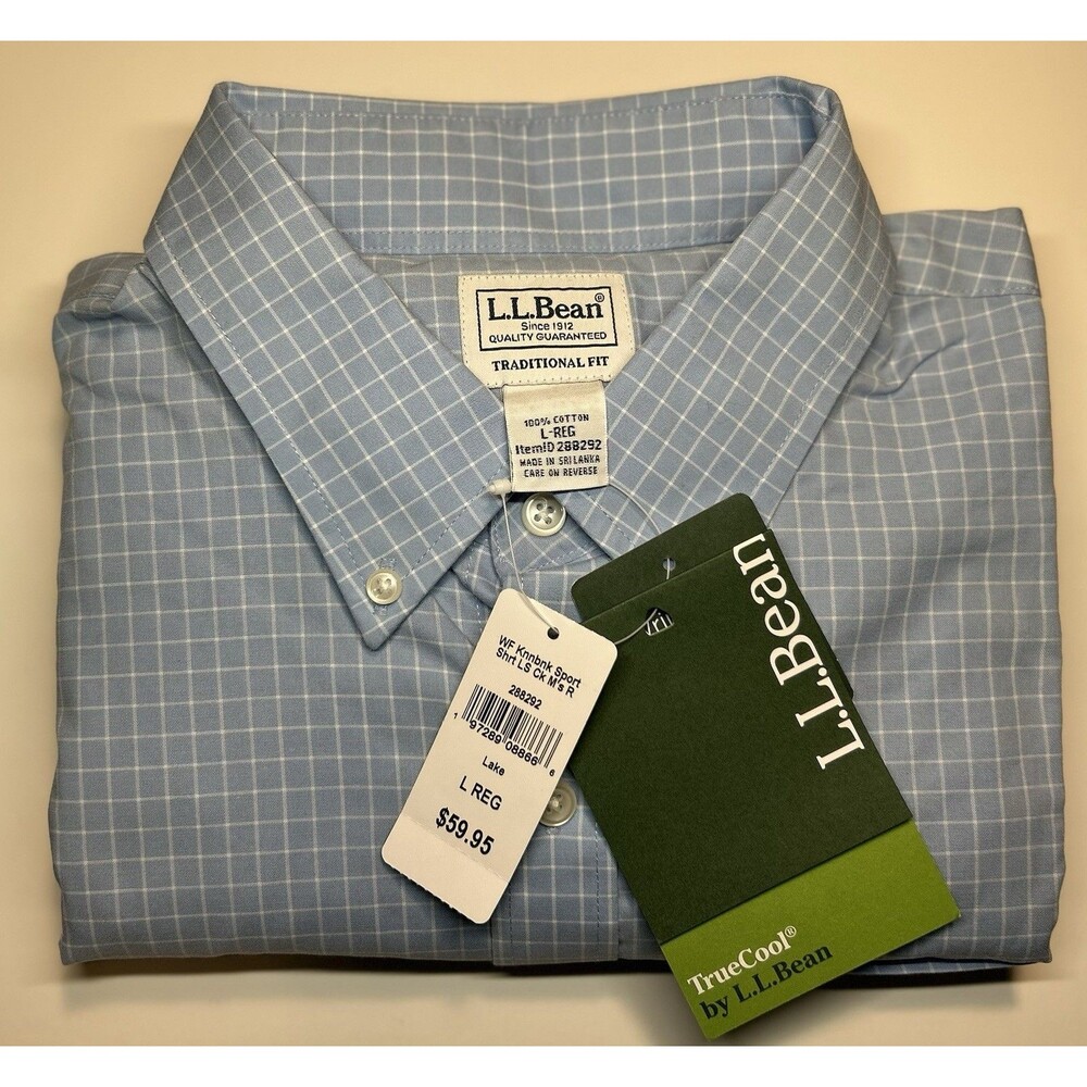 LL Bean Men’s Size L Large 16/35 Blue Check Dress Shirt Traditional Fit Truecool